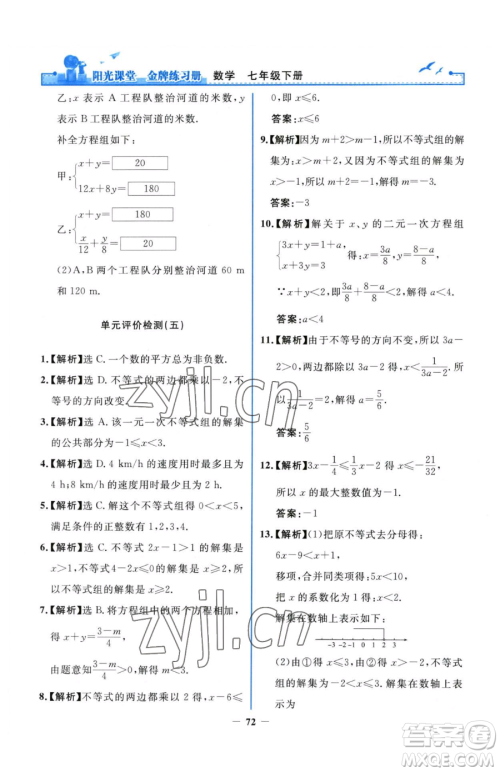 人民教育出版社2023阳光课堂金牌练习册七年级下册数学人教版参考答案