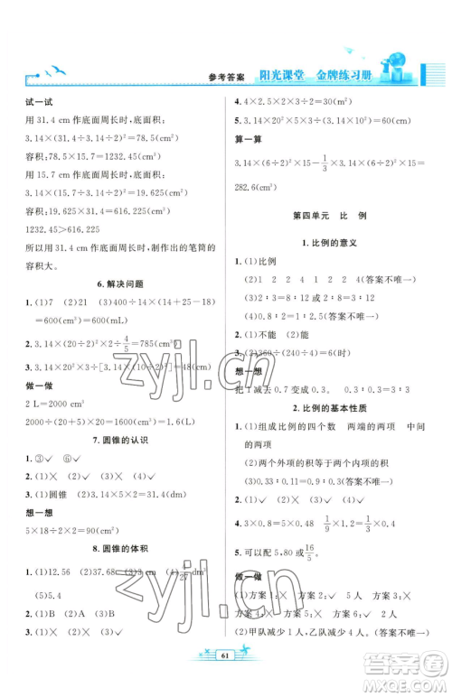 人民教育出版社2023阳光课堂金牌练习册六年级下册数学人教版福建专版参考答案