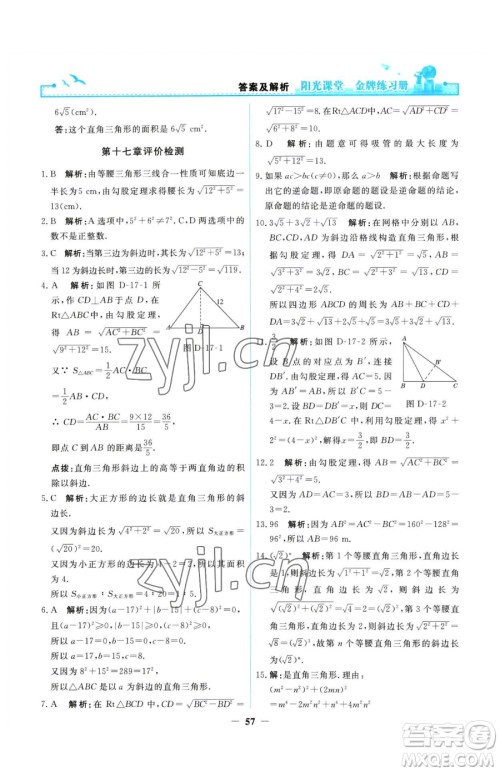 人民教育出版社2023阳光课堂金牌练习册八年级下册数学人教版参考答案