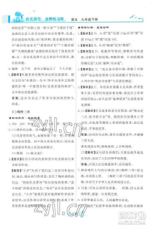 人民教育出版社2023阳光课堂金牌练习册九年级下册语文人教版福建专版参考答案