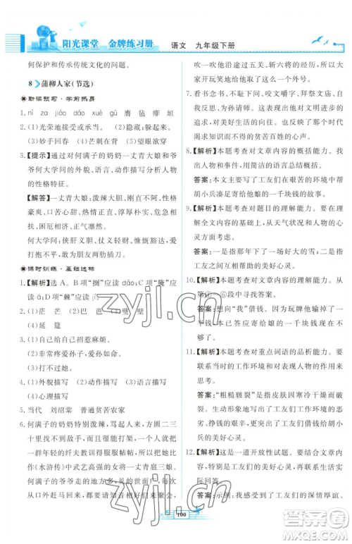 人民教育出版社2023阳光课堂金牌练习册九年级下册语文人教版福建专版参考答案