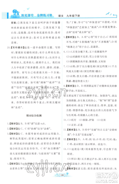 人民教育出版社2023阳光课堂金牌练习册九年级下册语文人教版福建专版参考答案