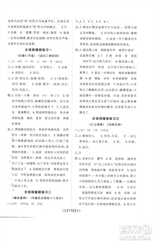 长江少年儿童出版社2023优质课堂导学案六年级语文下册人教版参考答案