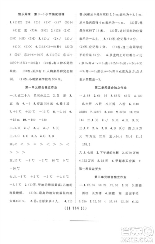 长江少年儿童出版社2023优质课堂导学案六年级数学下册人教版参考答案