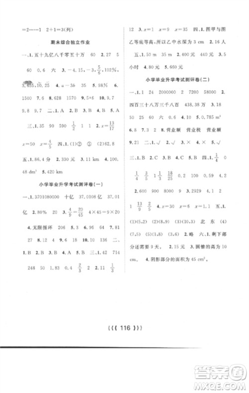 长江少年儿童出版社2023优质课堂导学案六年级数学下册人教版参考答案