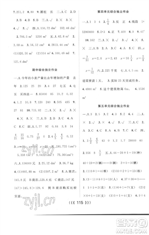 长江少年儿童出版社2023优质课堂导学案六年级数学下册人教版参考答案 长江少年儿童出版社2023优质课堂导学案六年级数学下册人教版参考答案