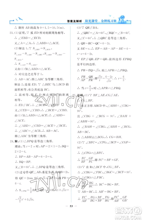 人民教育出版社2023阳光课堂金牌练习册九年级下册数学人教版参考答案