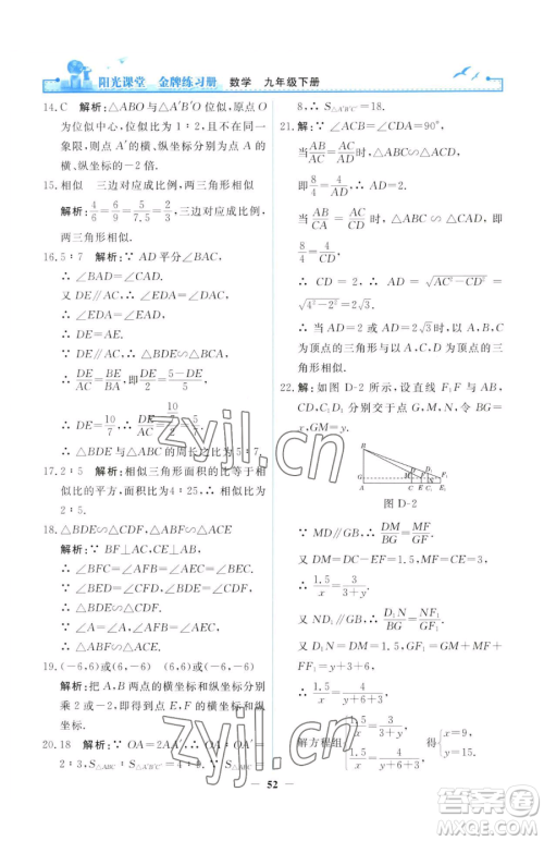 人民教育出版社2023阳光课堂金牌练习册九年级下册数学人教版参考答案