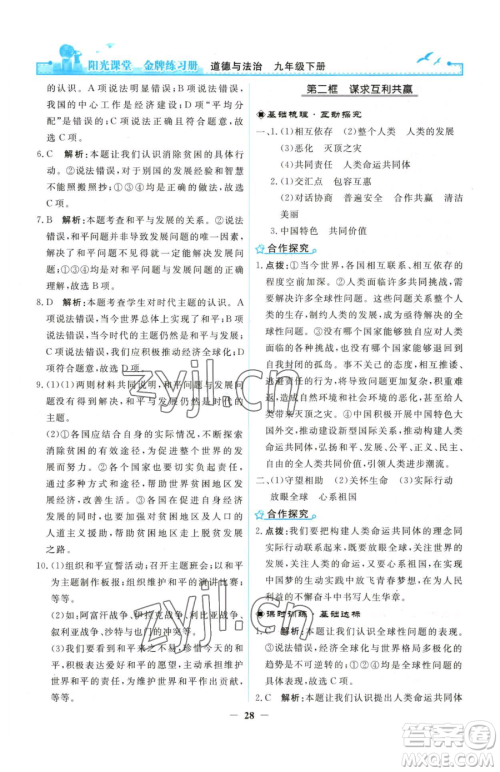 人民教育出版社2023阳光课堂金牌练习册九年级下册道德与法治人教版参考答案