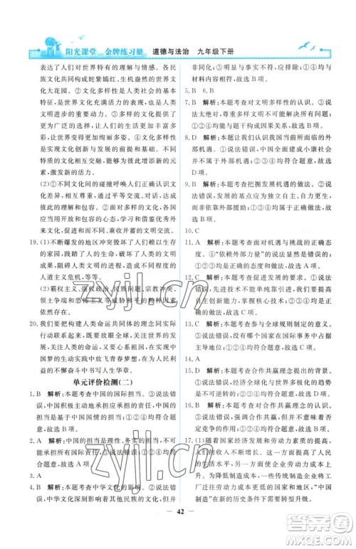 人民教育出版社2023阳光课堂金牌练习册九年级下册道德与法治人教版参考答案 人民教育出版社2023阳光课堂金牌练习册九年级下册道德与法治人教版参考答案