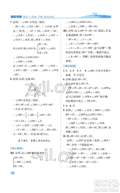 陕西师范大学出版总社2023绩优学案八年级数学下册北师大版参考答案