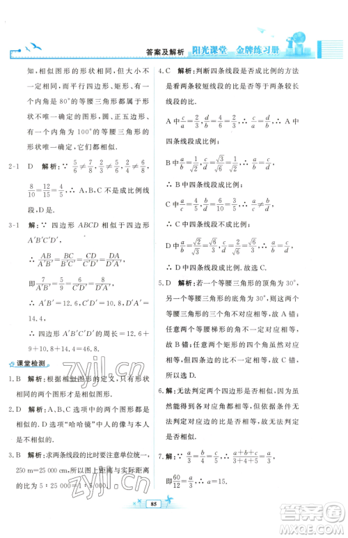 人民教育出版社2023阳光课堂金牌练习册九年级下册数学人教版福建专版参考答案