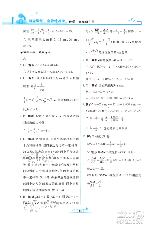 人民教育出版社2023阳光课堂金牌练习册九年级下册数学人教版福建专版参考答案