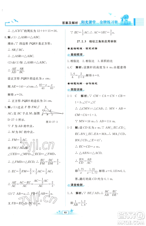 人民教育出版社2023阳光课堂金牌练习册九年级下册数学人教版福建专版参考答案