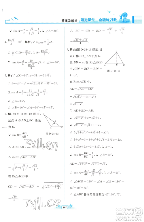 人民教育出版社2023阳光课堂金牌练习册九年级下册数学人教版福建专版参考答案