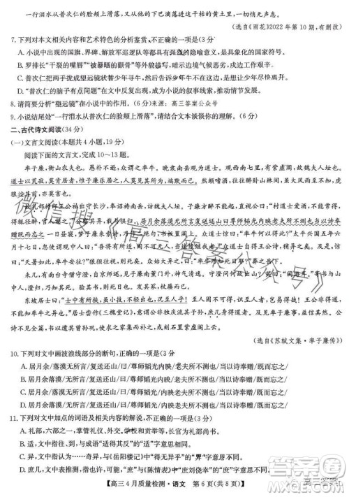 2023年4月九师联盟高三联考语文试卷答案