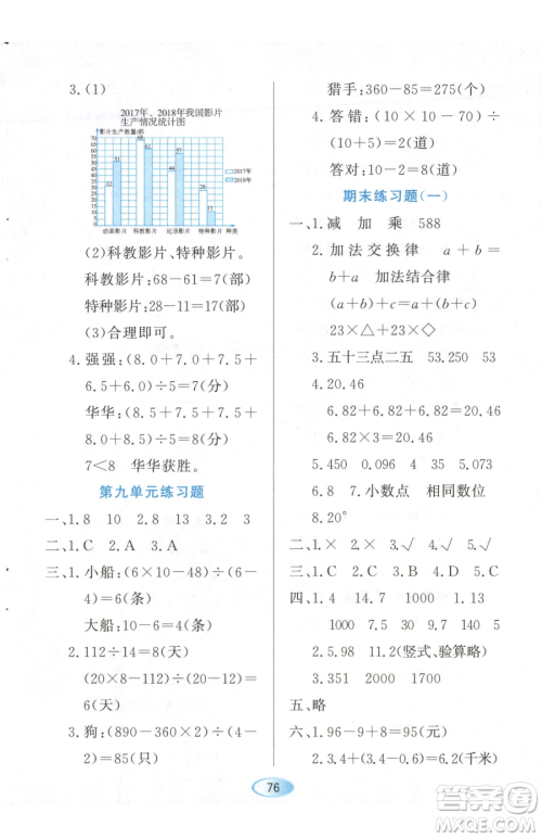 黑龙江教育出版社2023资源与评价四年级下册数学人教版参考答案