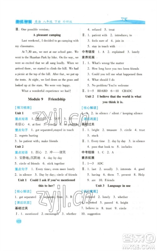 陕西师范大学出版总社2023绩优学案八年级英语下册外研版参考答案 陕西师范大学出版总社2023绩优学案八年级英语下册外研版参考答案