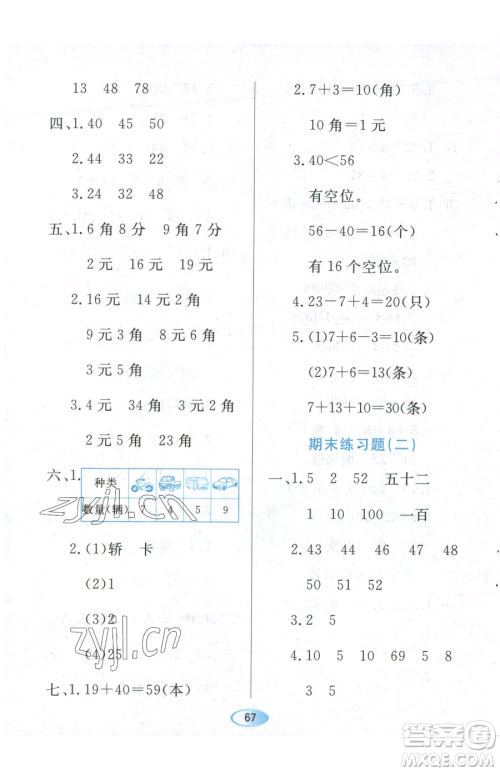 黑龙江教育出版社2023资源与评价一年级下册数学人教版参考答案