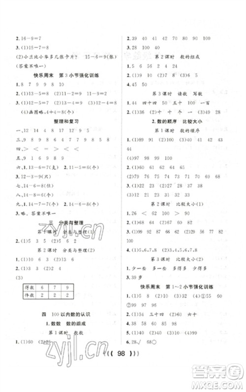 长江少年儿童出版社2023优质课堂导学案一年级数学下册人教版参考答案