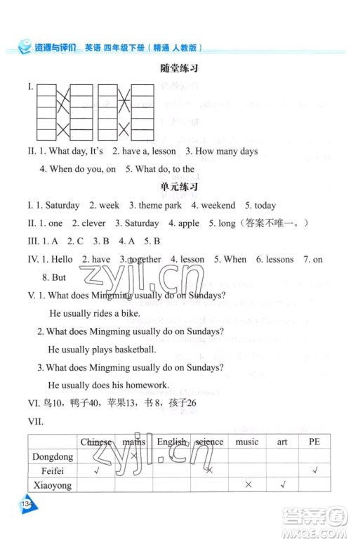 黑龙江教育出版社2023资源与评价四年级下册英语人教精通版参考答案