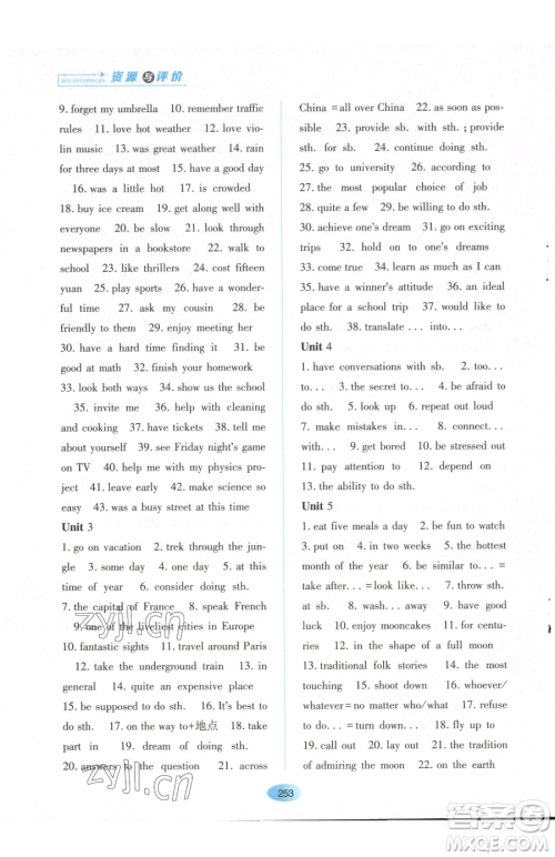 黑龙江教育出版社2023资源与评价八年级下册英语山教版54制参考答案 黑龙江教育出版社2023资源与评价八年级下册英语山教版54制参考答案