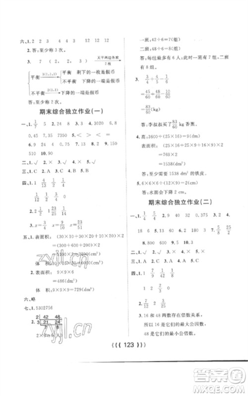 长江少年儿童出版社2023优质课堂导学案五年级数学下册人教版参考答案