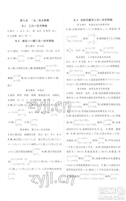 长江少年儿童出版社2023优质课堂导学案B自主作业七年级数学下册人教版参考答案 长江少年儿童出版社2023优质课堂导学案B自主作业七年级数学下册人教版参考答案