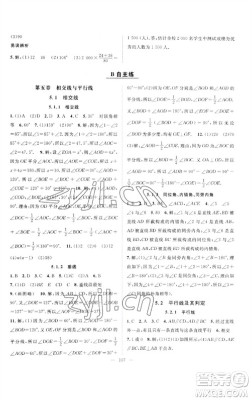 长江少年儿童出版社2023优质课堂导学案B自主作业七年级数学下册人教版参考答案