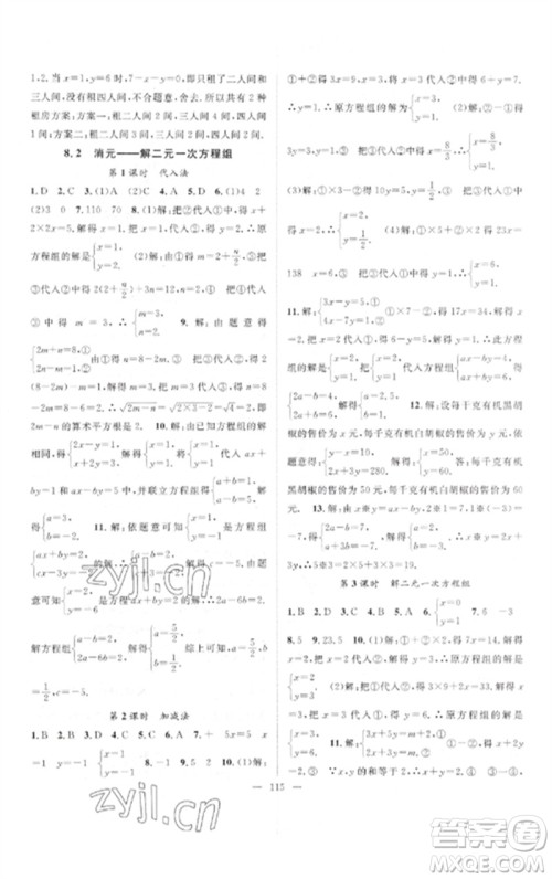 长江少年儿童出版社2023优质课堂导学案B自主作业七年级数学下册人教版参考答案