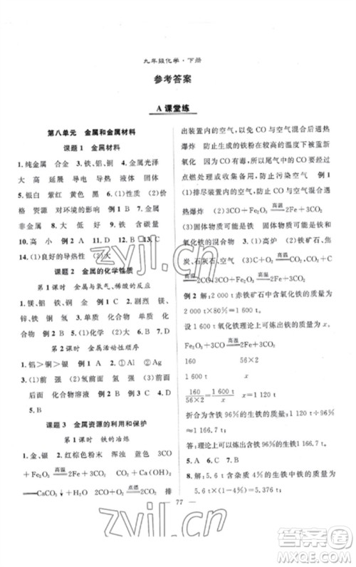 长江少年儿童出版社2023优质课堂导学案B课后作业九年级化学下册人教版参考答案