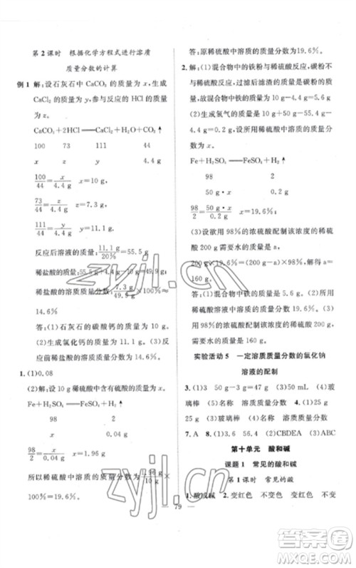 长江少年儿童出版社2023优质课堂导学案B课后作业九年级化学下册人教版参考答案