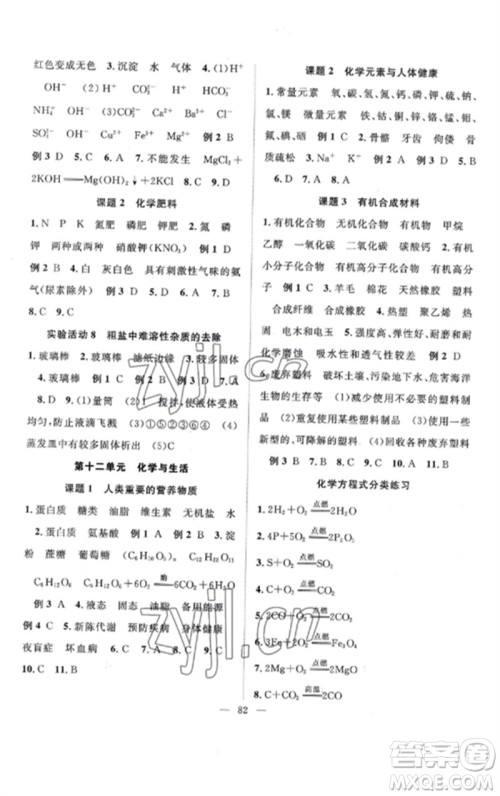 长江少年儿童出版社2023优质课堂导学案B课后作业九年级化学下册人教版参考答案