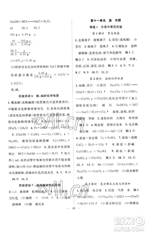 长江少年儿童出版社2023优质课堂导学案B课后作业九年级化学下册人教版参考答案