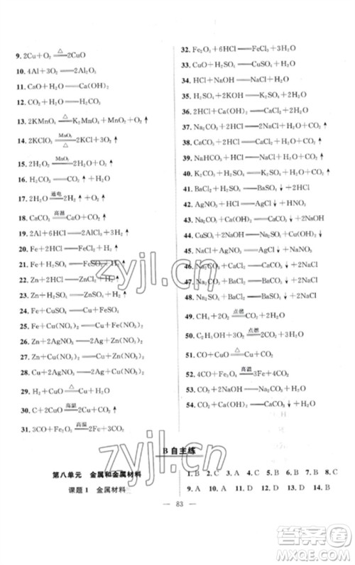 长江少年儿童出版社2023优质课堂导学案B课后作业九年级化学下册人教版参考答案
