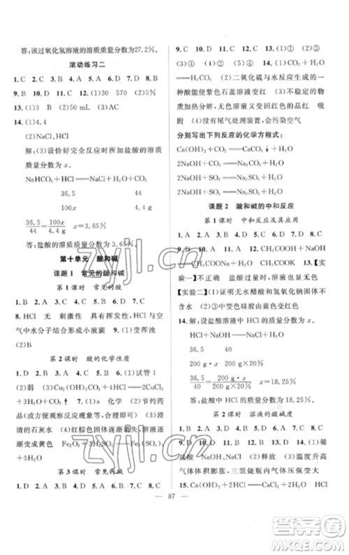 长江少年儿童出版社2023优质课堂导学案B课后作业九年级化学下册人教版参考答案