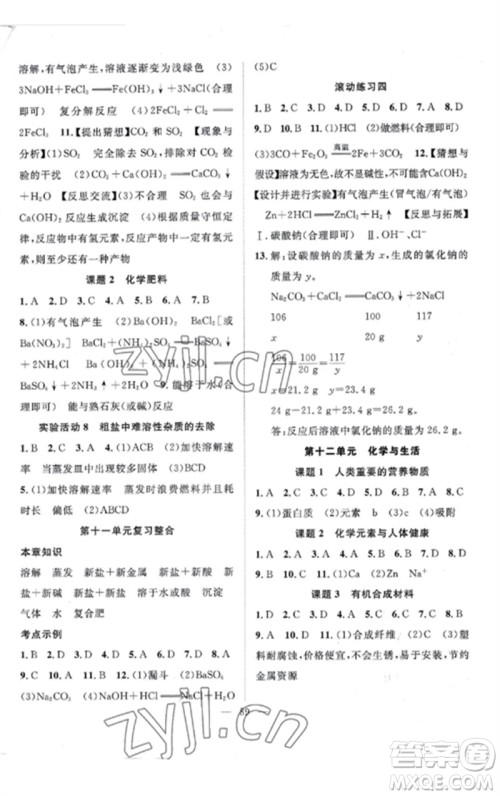 长江少年儿童出版社2023优质课堂导学案B课后作业九年级化学下册人教版参考答案