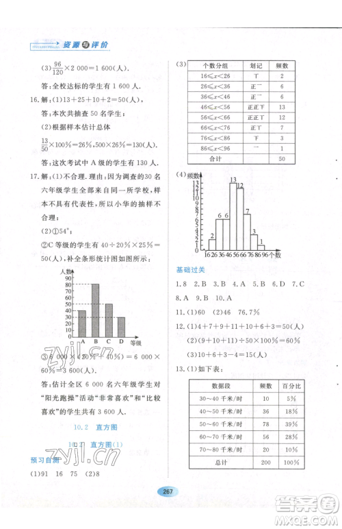 黑龙江教育出版社2023资源与评价六年级下册数学人教版54制参考答案