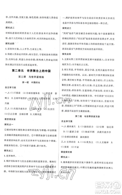 长江少年儿童出版社2023优质课堂导学案B课后作业九年级道德与法治下册人教版参考答