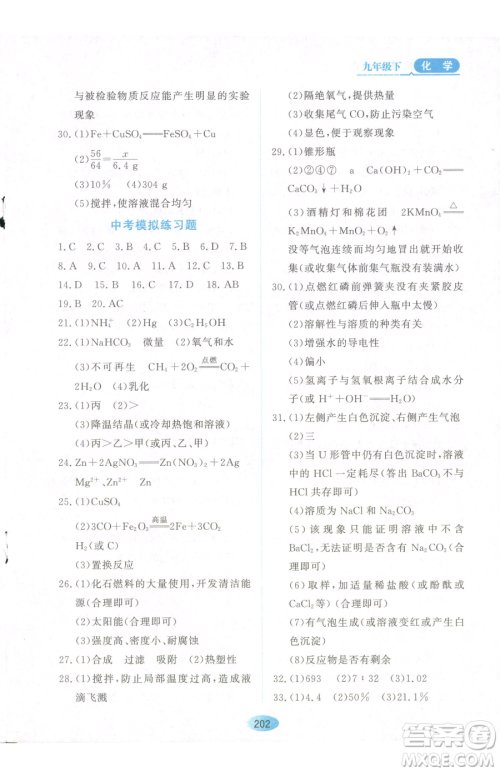 黑龙江教育出版社2023资源与评价九年级下册化学人教版参考答案 黑龙江教育出版社2023资源与评价九年级下册化学人教版参考答案