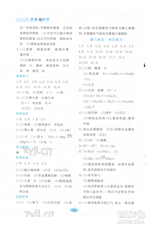 黑龙江教育出版社2023资源与评价九年级下册化学人教版参考答案 黑龙江教育出版社2023资源与评价九年级下册化学人教版参考答案