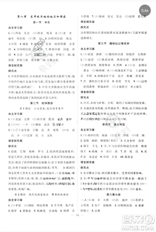 长江少年儿童出版社2023优质课堂导学案B自主作业七年级地理下册人教版参考答案