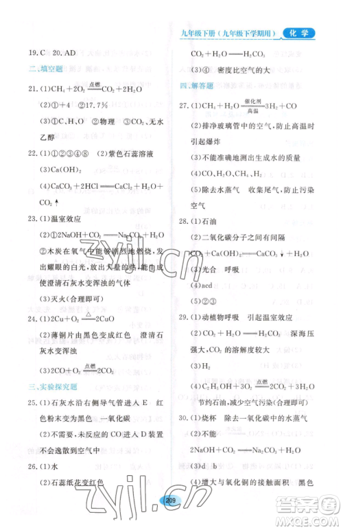 黑龙江教育出版社2023资源与评价九年级下册化学人教版54制参考答案