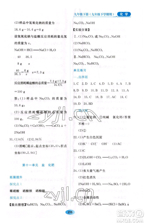 黑龙江教育出版社2023资源与评价九年级下册化学人教版54制参考答案