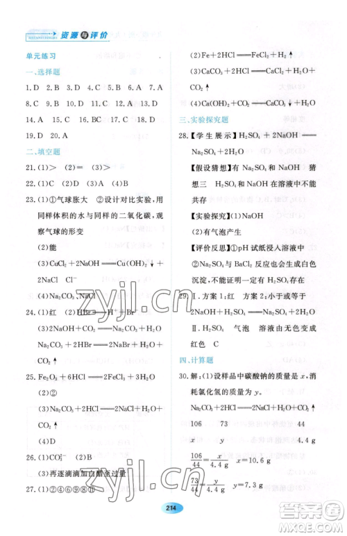黑龙江教育出版社2023资源与评价九年级下册化学人教版54制参考答案