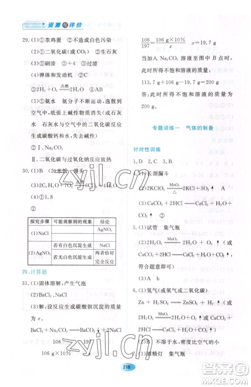 黑龙江教育出版社2023资源与评价九年级下册化学人教版54制参考答案