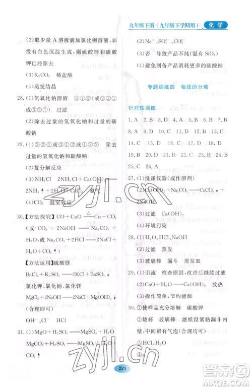 黑龙江教育出版社2023资源与评价九年级下册化学人教版54制参考答案