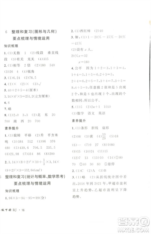 济南出版社2023黄冈360度定制密卷六年级数学下册人教版参考答案