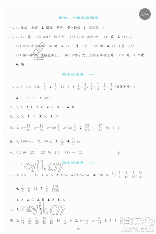 人民教育出版社2023同步轻松练习五年级数学下册人教版参考答案