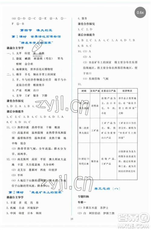 人民教育出版社2023同步轻松练习七年级地理下册人教版参考答案